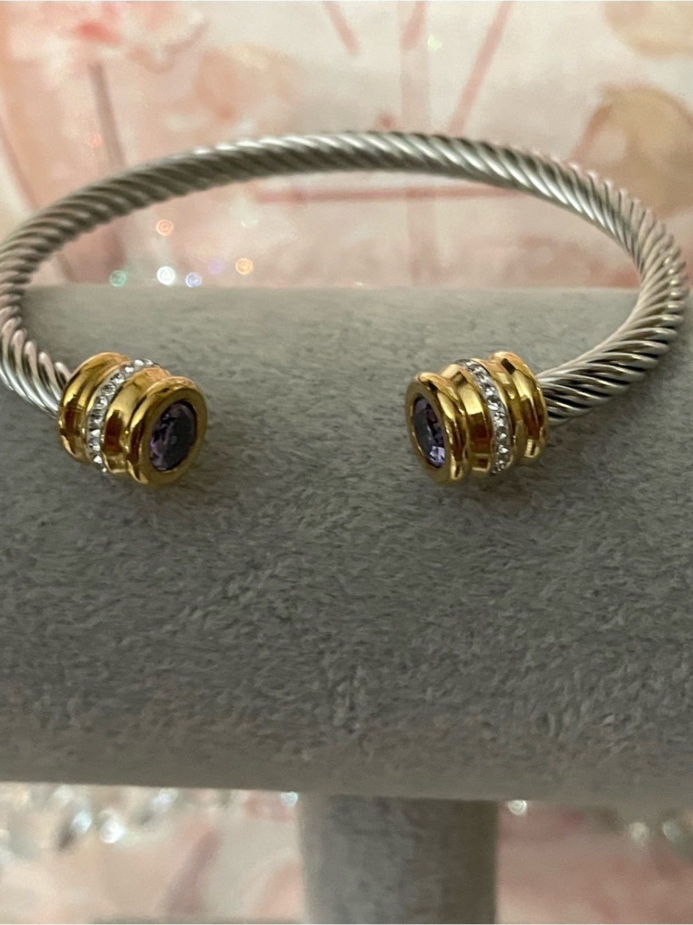 Gold & Silver Open Cable Cuff Bracelet with Purple Stone nwt